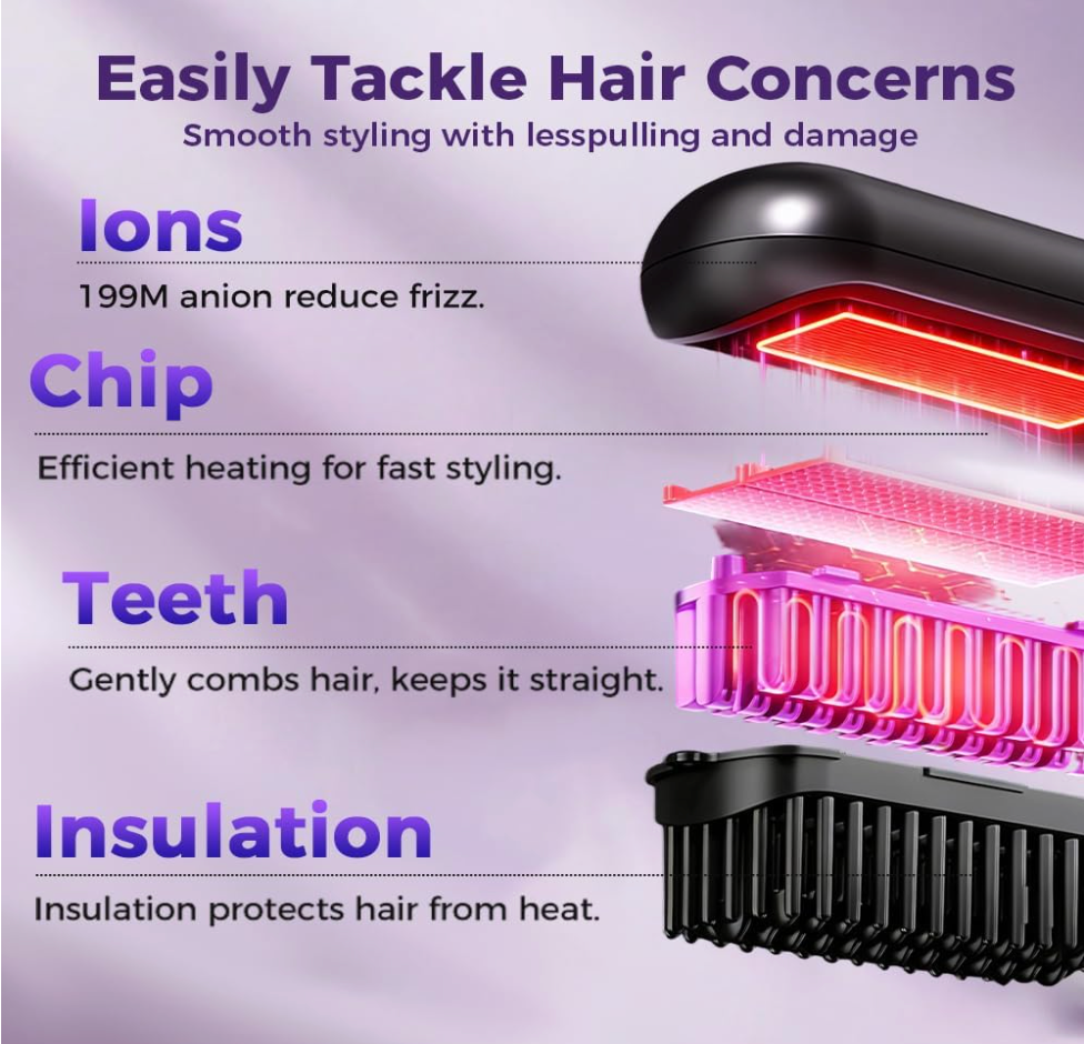 Portable Cordless Hair Straightener Brush | 3 Temperature Settings