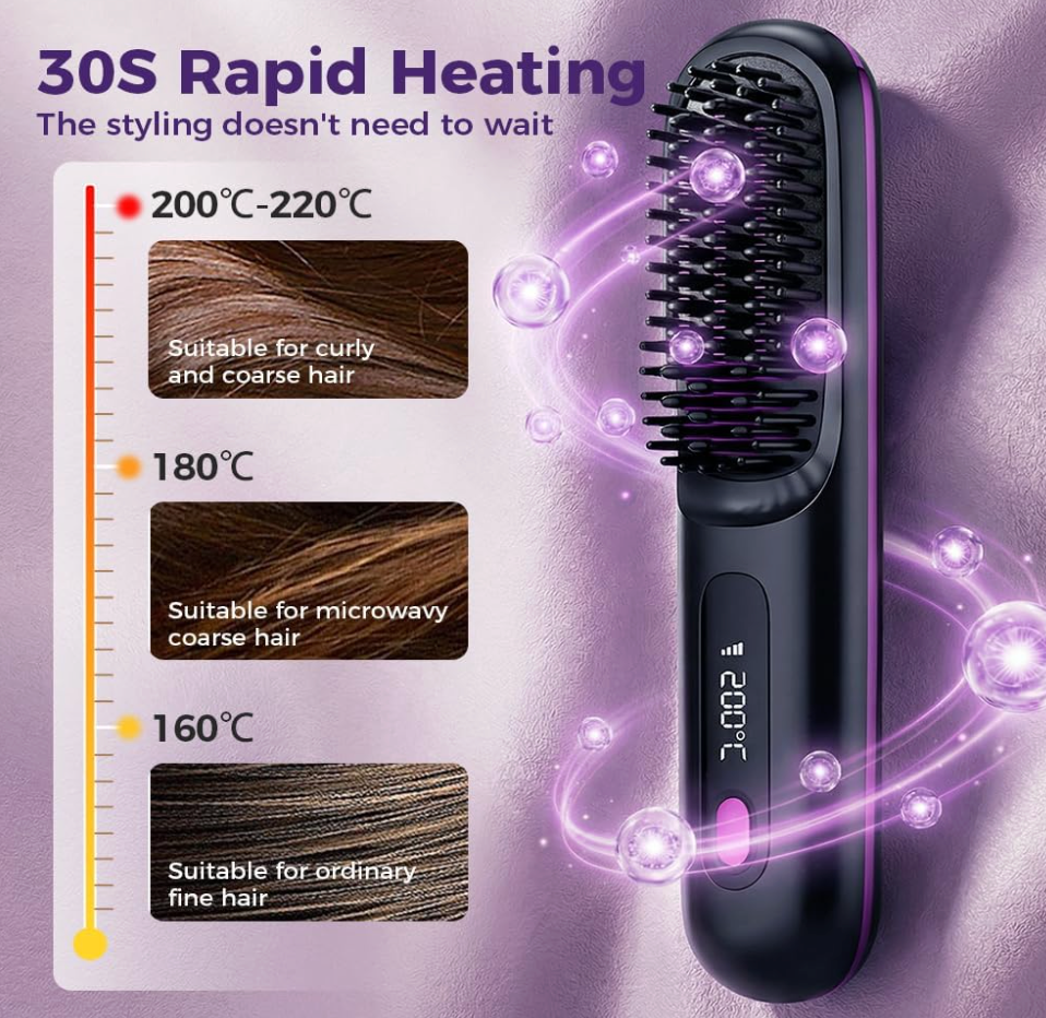 Portable Cordless Hair Straightener Brush | 3 Temperature Settings